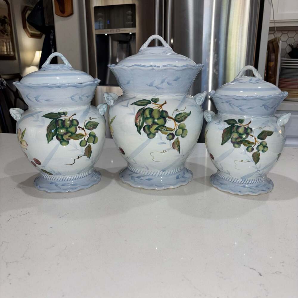 Capriware Hand Painted Ceramic Kitchen Canister Set with Blue Fruit Motif
